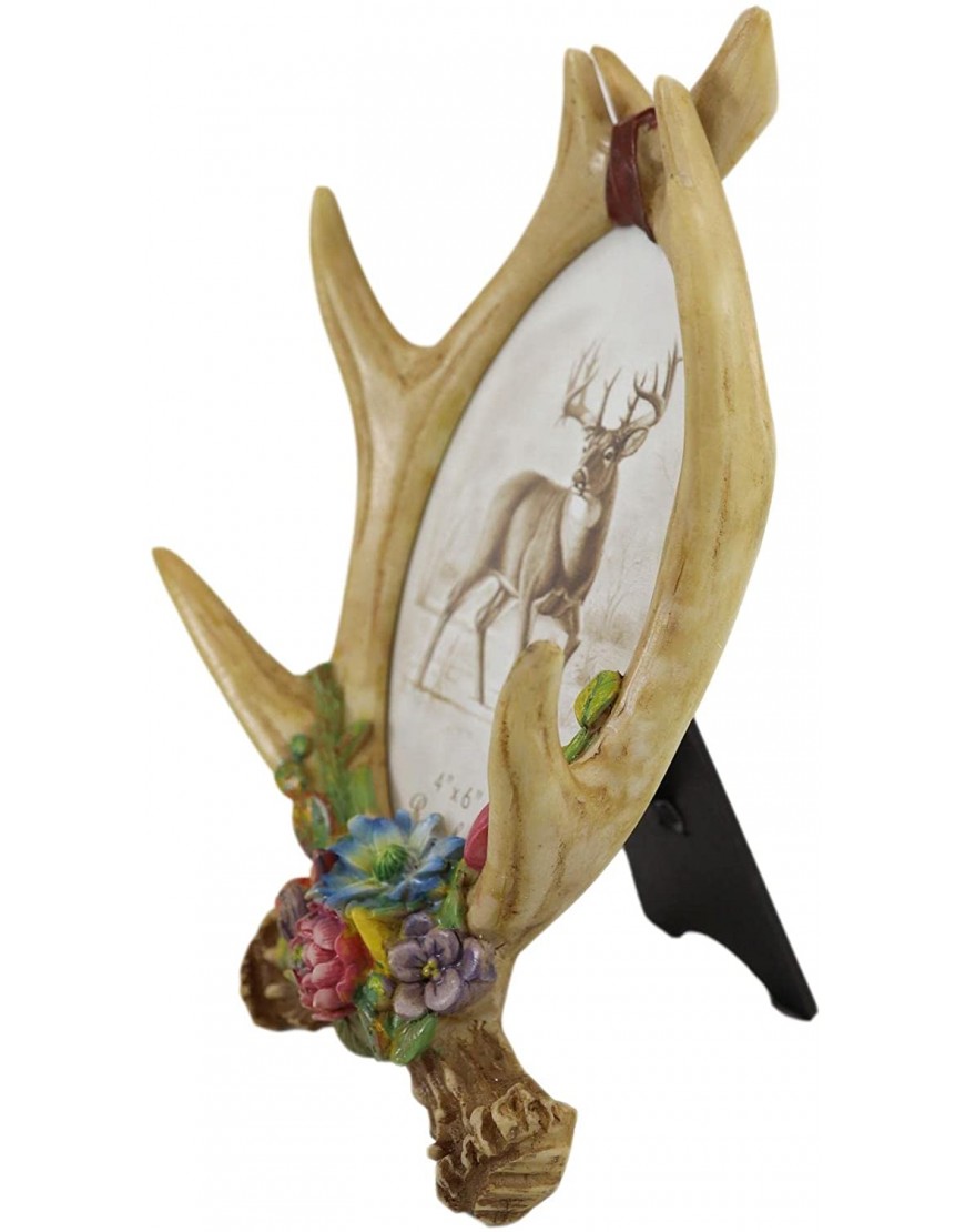 Ebros Gift Rustic Intertwined Stag Deer Antlers and Colorful Flowers Picture Frame with Desktop Easel Back Or Wall Hanging for 4X6 Photo Hunters Deers Antler Racks Cabin Lodge Home