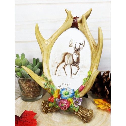 Ebros Gift Rustic Intertwined Stag Deer Antlers and Colorful Flowers Picture Frame with Desktop Easel Back Or Wall Hanging for 4"X6" Photo Hunters Deers Antler Racks Cabin Lodge Home
