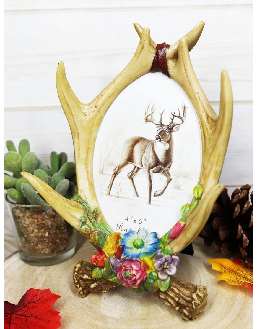 Ebros Gift Rustic Intertwined Stag Deer Antlers and Colorful Flowers Picture Frame with Desktop Easel Back Or Wall Hanging for 4X6 Photo Hunters Deers Antler Racks Cabin Lodge Home