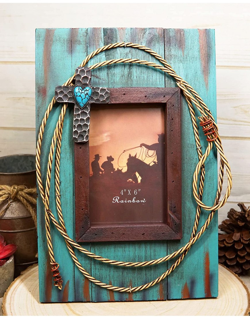 Ebros Gift Rustic Western Cowboy Turquoise Barn Wood with Lasso Rope and Cross Easel Back Picture Frame for 4"X6" Photo Cabin Lodge Cottage Farm House Accent