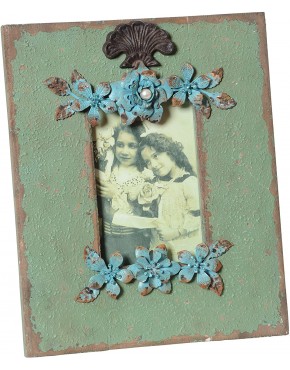 Wilco Imports Distressed Soft Patina Green Wooden Frame with Blue Metal Floral Accents 9-Inch By 1-3 4-Inch By 11-Inch