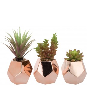 MyGift Small Artificial Plants Assorted Fake Succulents in Rose Gold Ceramic Planters Pot Set of 3