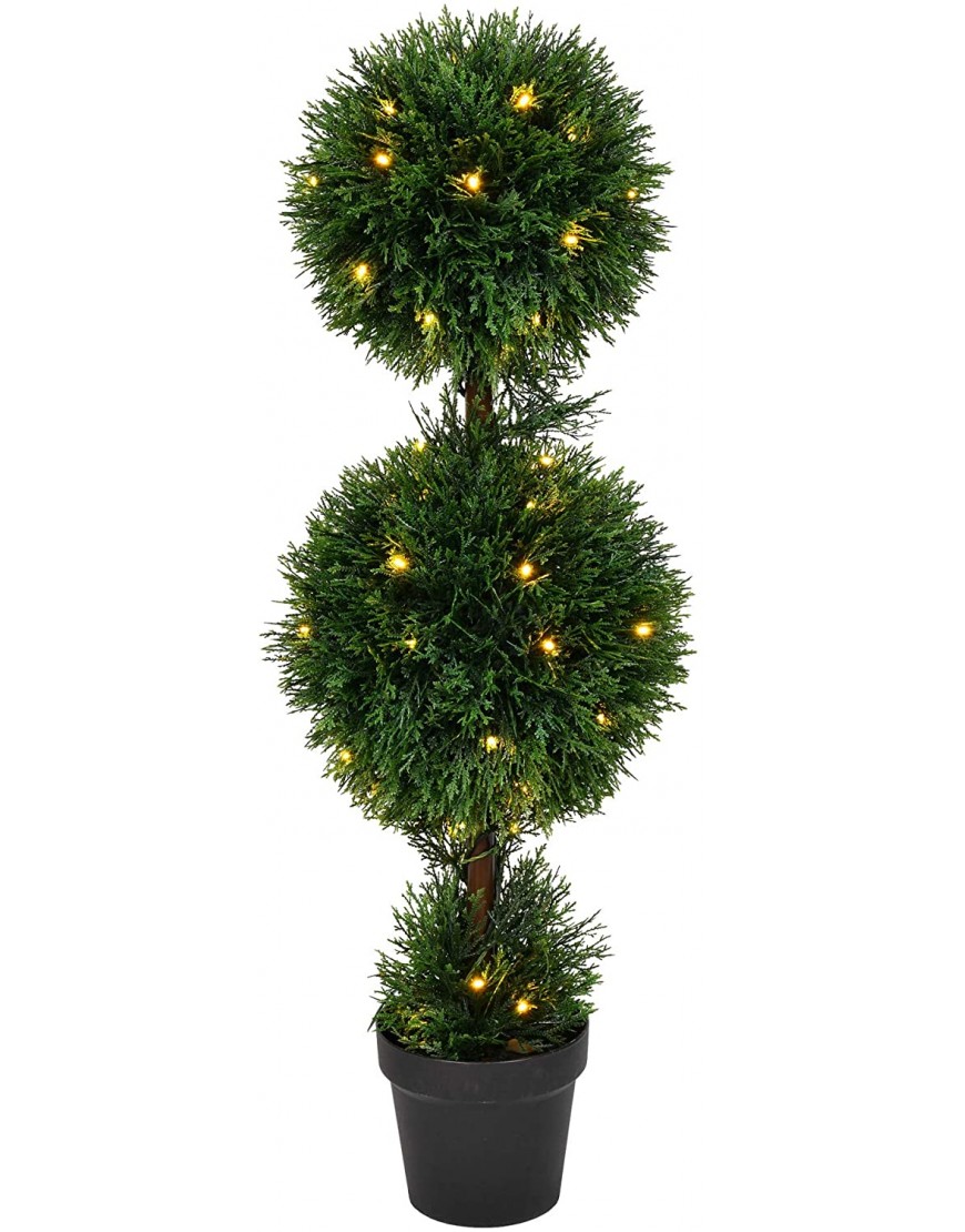 Vickerman Everyday 3 Foot Tall Artificial Pre-Lit Cedar Topiary Double Ball Tree UV Resistant Indoor Outdoor Potted Natural Green Home Patio Porch Faux Decor