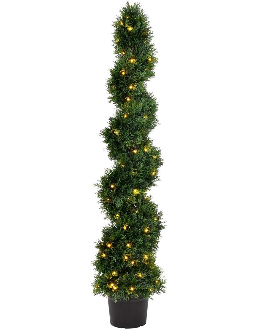 Vickerman Pre-Lit LED Artificial Cedar Topiary Spiral Tree 5 Foot Tall Potted Natural Green Boxwood UV Resistant Indoor Outdoor Home Patio Faux Decor