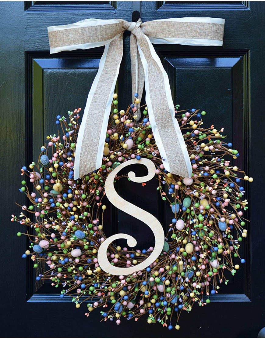 Elegant Holidays Handmade Easter Egg Berry Wreath w Monogram Decorative Front Door to Welcome Guests-for Outdoor or Indoor Home Wall Accent Décor- Great for Spring- Pastel Colors- 16-24 inches
