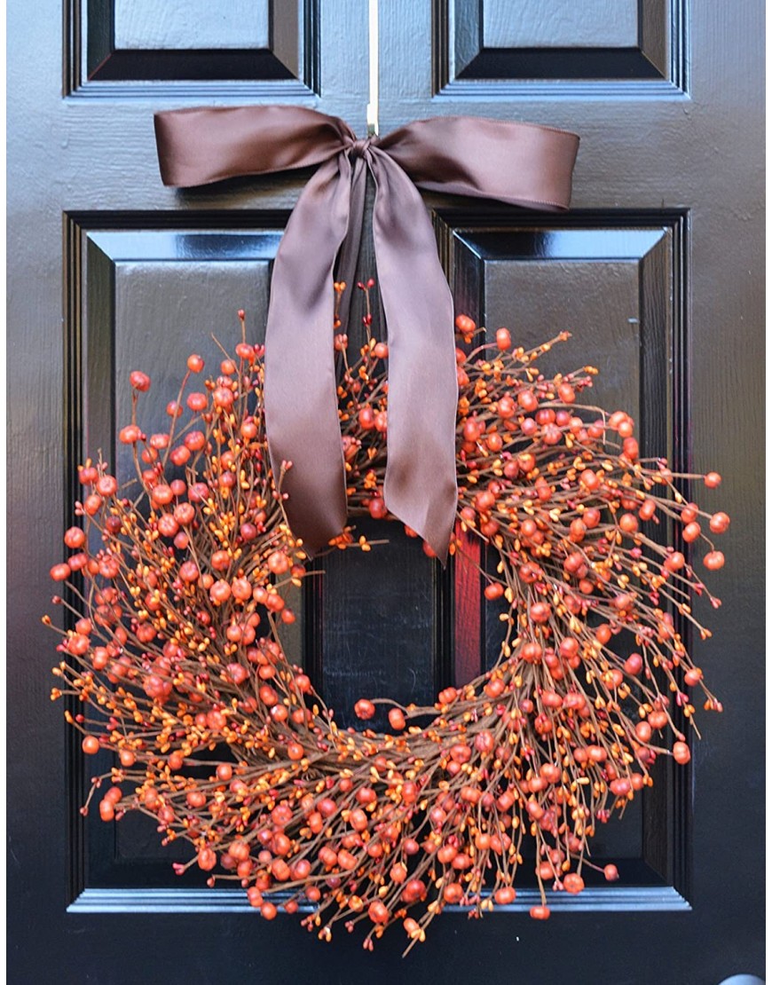 Elegant Holidays Handmade Fall Pumpkin Berry Wreath w Bow Decorative Front Door to Welcome Guests-for Outdoor or Indoor Home Wall Accent Décor- Great for Autumn Thanksgiving and Halloween- 16-24 in
