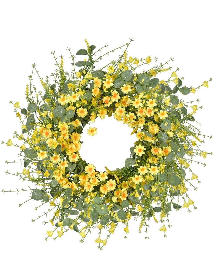 GRBAMBI 22 Inch Artificial Daisy Flower Spring Wreath with Eucalyptus Green Leaves Wreath Farmhouse Wreath for Front Door Wall Home Party Decorations