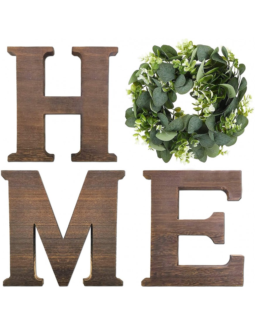 MELAJIA Wooden Home Sign Decorative Wooden Letters with Wreath Rustic Wall Hanging Wood Home Sign Artificial Eucalyptus Wreath for Home Décor Kitchen Living Room Brown