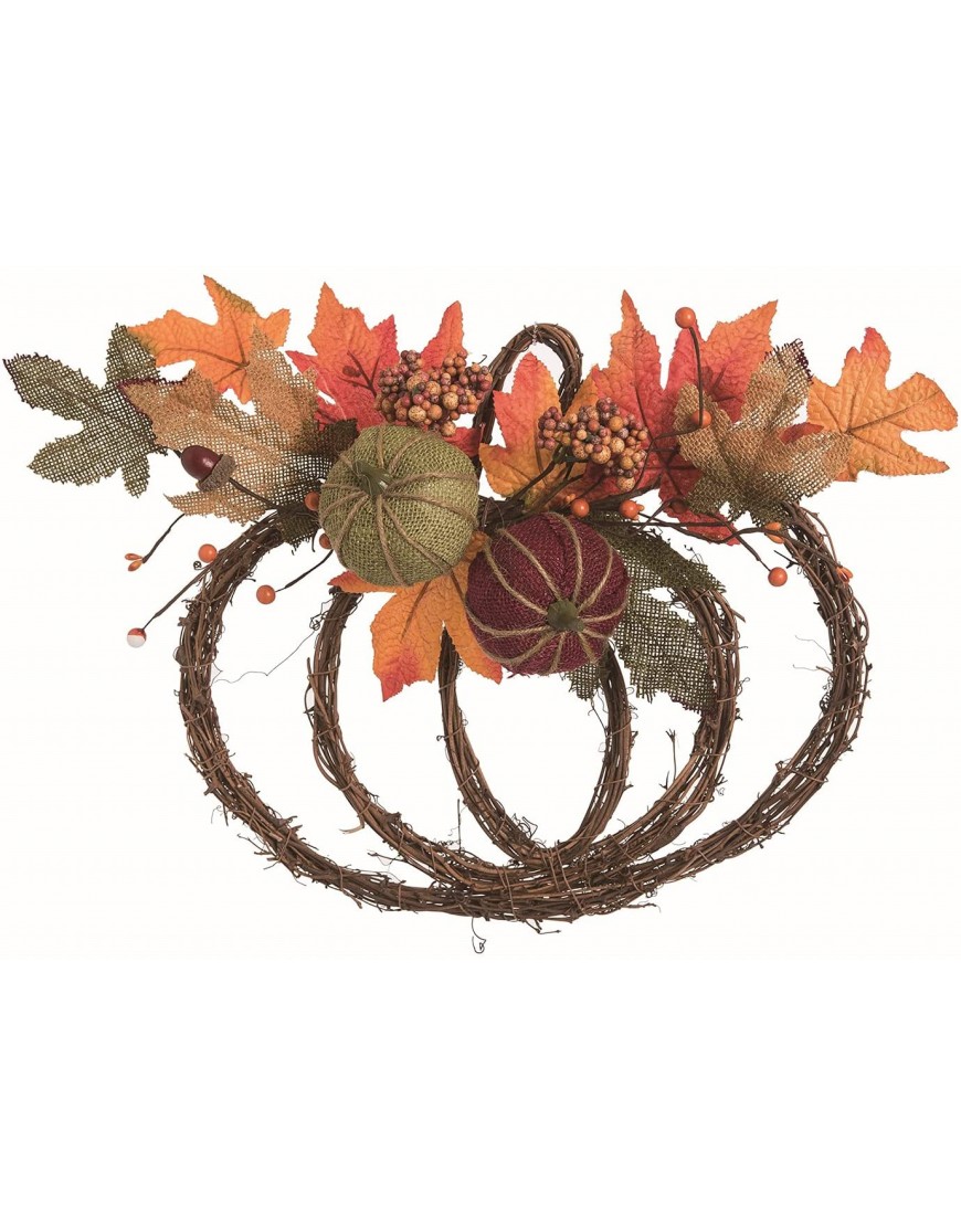 Orchid & Ivy 14-Inch Rustic Twig Pumpkin Wreath with Green and Red Burlap Pumpkins Fall Leaves and Berry Accents Autumn Farmhouse Front Door Decoration Indoor Outdoor Country Harvest Home Decor