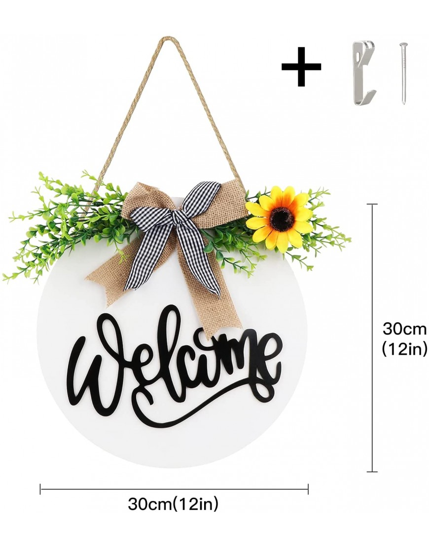 Welcome Wreaths for Front Door Farmhouse Round Hanging Welcome Sign for Front Door Yimerlen Black Round Wooden Welcome Signs for Wreaths Spring Welcome Sign Home Decor Signs White