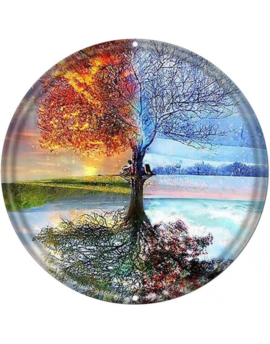Wreath Round Metal Tin Sign,Four Seasons Tree Landscape Home Decor,Suitable for Home and Kitchen Bar Man Cave Cafe Garage Wall Decor Retro Vintage 12x12 Inch,Round Wreath Sign
