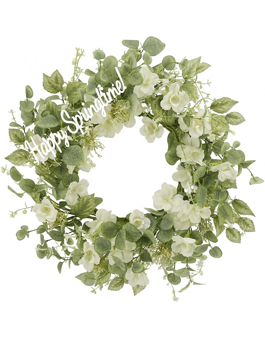 YNYLCHMX 20" Spring Door Wreath with White Rose Flowers & Green Eucalyptus Leaves Artificial Floral Wreath Green Foliage Wreath for Wall Window Farmhouse Party Holiday Home Decor